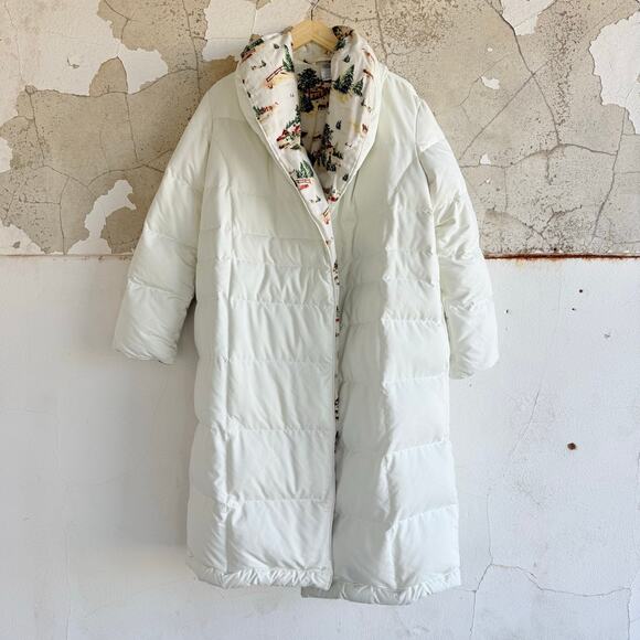 Lands End Down Puffer Coat White Long Maxi Jacket Fleece Lined Cabin Print M Vtg - Picture 2 of 11